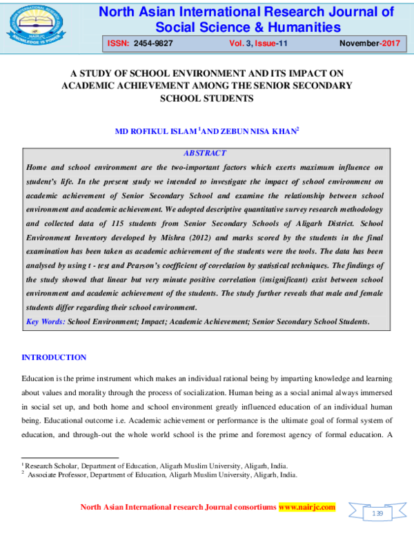 (PDF) A Study of School Environment and Its Impact on Academic ...