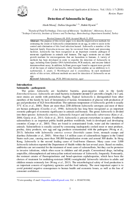(PDF) Detection of Salmonella in Eggs
