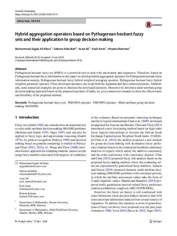 (PDF) Hybrid aggregation operators based on Pythagorean hesitant fuzzy ...
