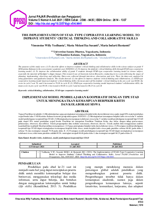 (PDF) The Implementation of Stad–Type Coperative Learning Model to ...