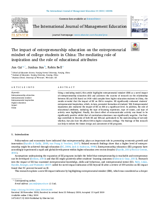 (PDF) The impact of entrepreneurship education on the entrepreneurial ...
