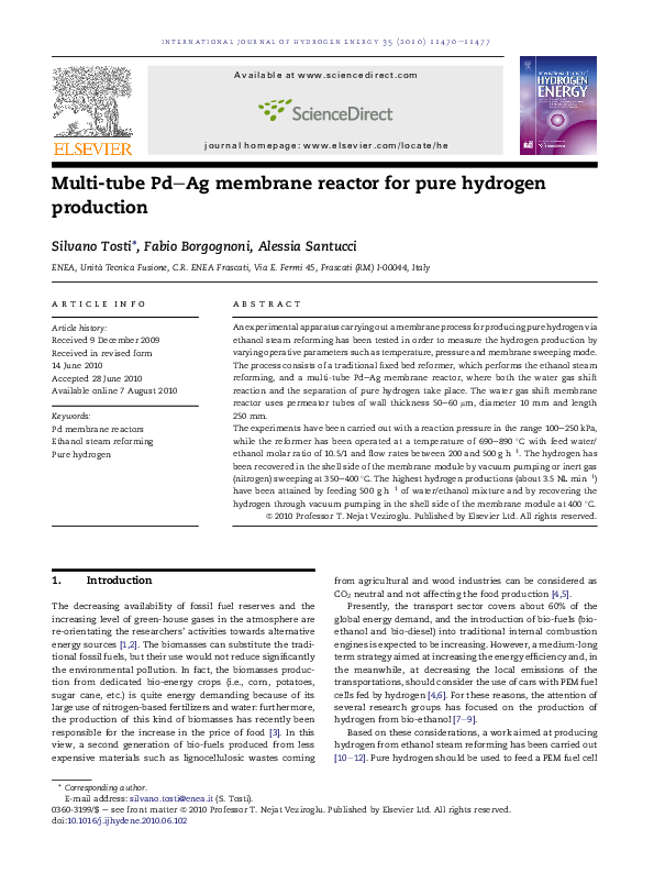 (PDF) Multi-tube Pd–Ag membrane reactor for pure hydrogen production