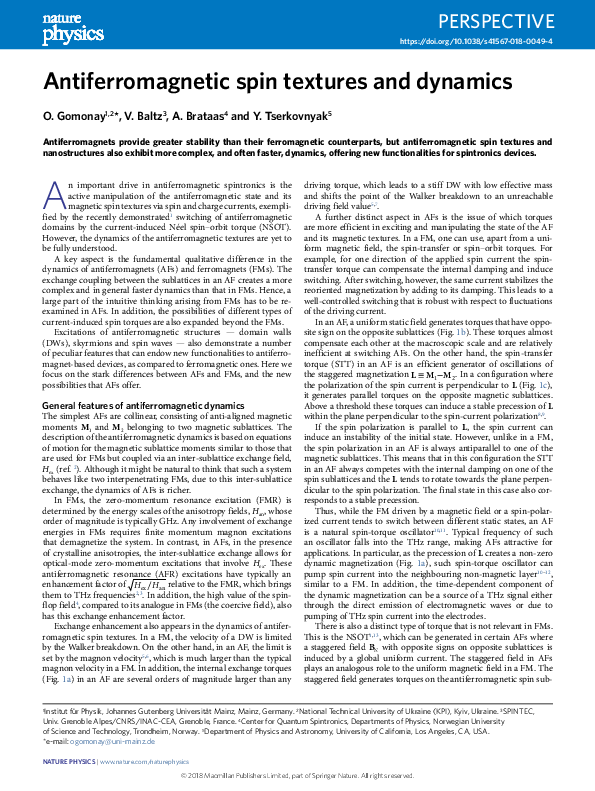 (PDF) Antiferromagnetic spin textures and dynamics