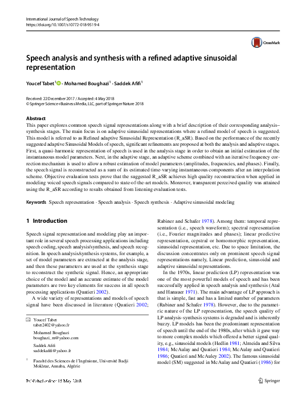 (PDF) Speech analysis and synthesis with a refined adaptive sinusoidal ...