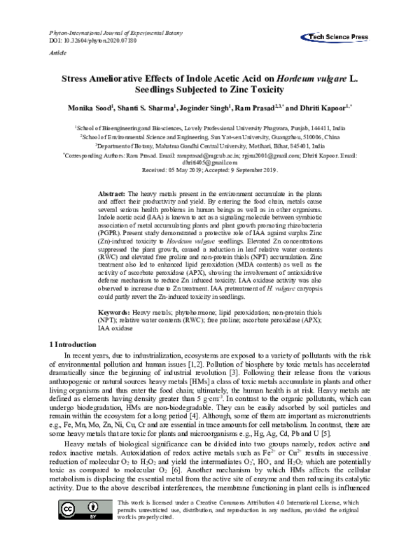 (PDF) Stress Ameliorative Effects of Indole Acetic Acid on Hordeum ...