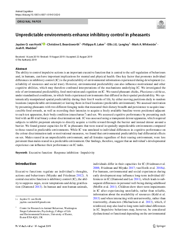 (PDF) Unpredictable environments enhance inhibitory control in pheasants