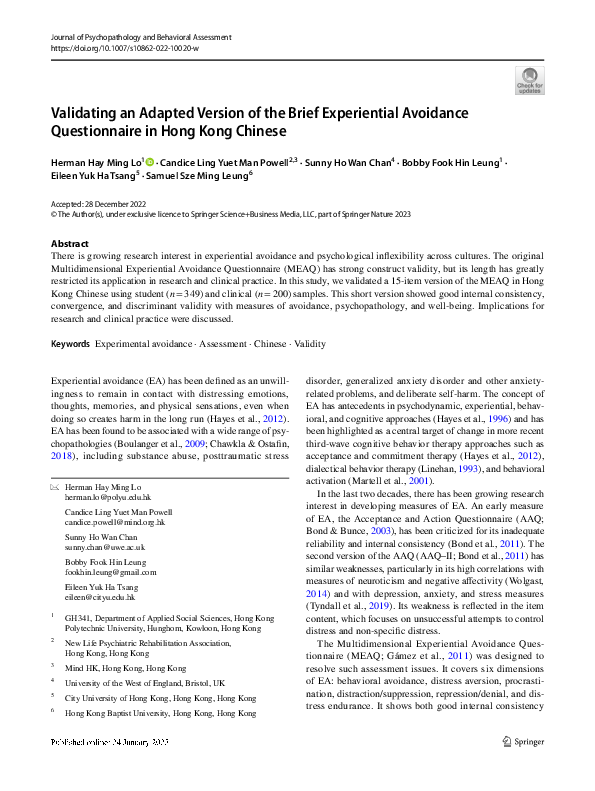 (PDF) Validating an Adapted Version of the Brief Experiential Avoidance