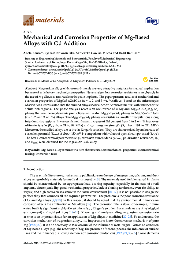 (PDF) Mechanical and Corrosion Properties of Mg-Based Alloys with Gd ...