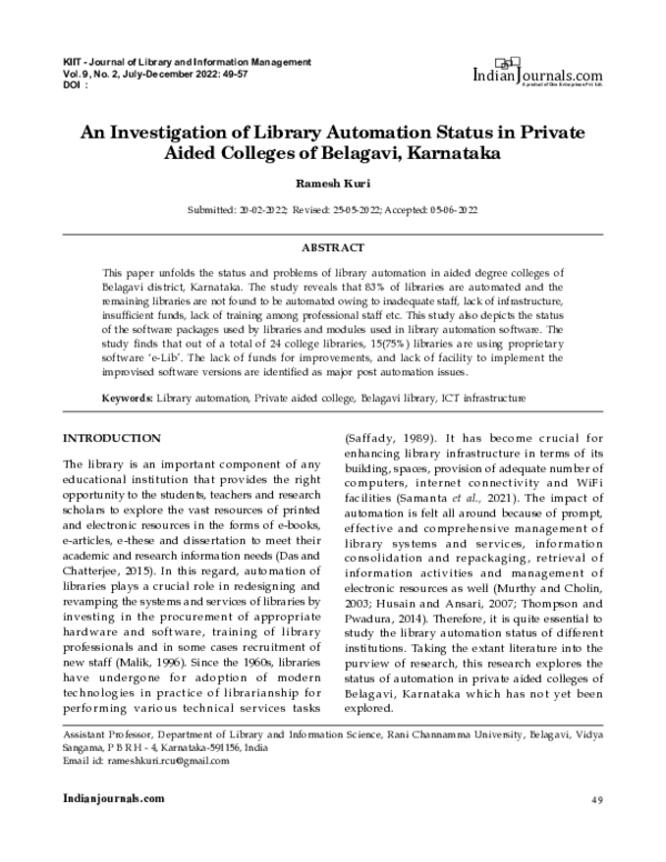 (PDF) An Investigation of Library Automation Status in Private Aided ...