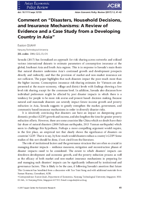 (PDF) Comment on “Disasters, Household Decisions, and Insurance ...