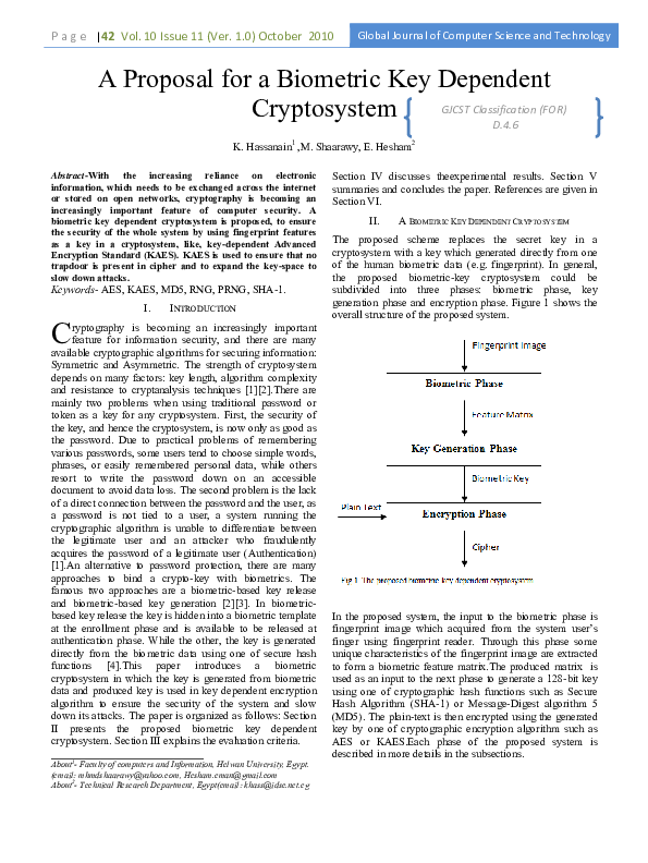 (PDF) A Proposal for a Biometric Key Dependent Cryptosystem