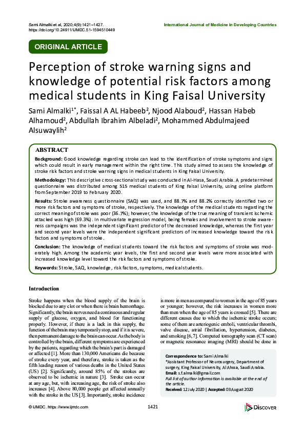 (PDF) Perception of stroke warning signs and knowledge of potential ...