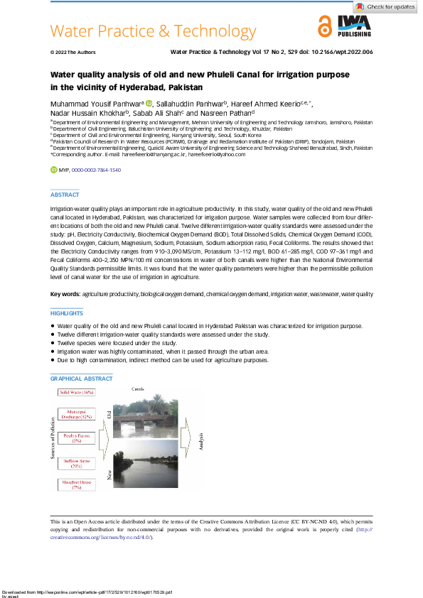 (PDF) Water quality analysis of old and new Phuleli Canal for ...
