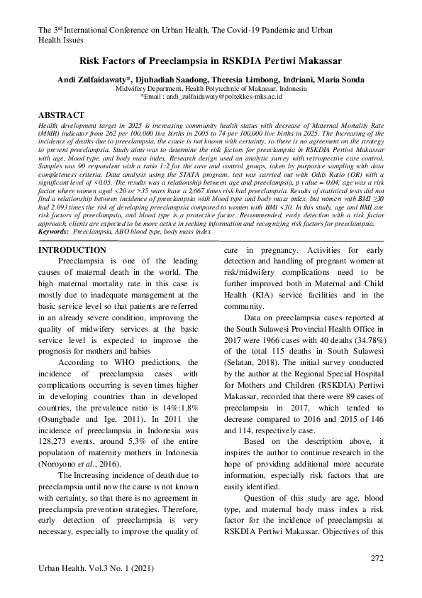 (PDF) Risk Factors of Preeclampsia in RSKDIA Pertiwi Makassar