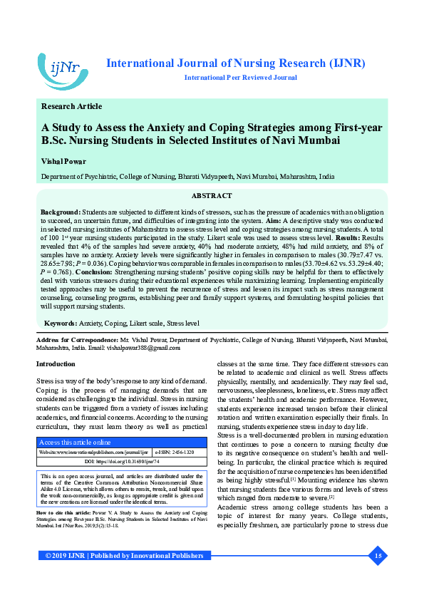 (PDF) A Study to Assess the Anxiety and Coping Strategies among First ...
