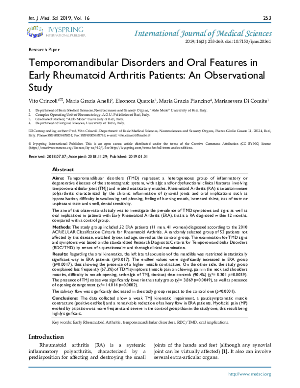 (PDF) Temporomandibular Disorders and Oral Features in Early Rheumatoid ...