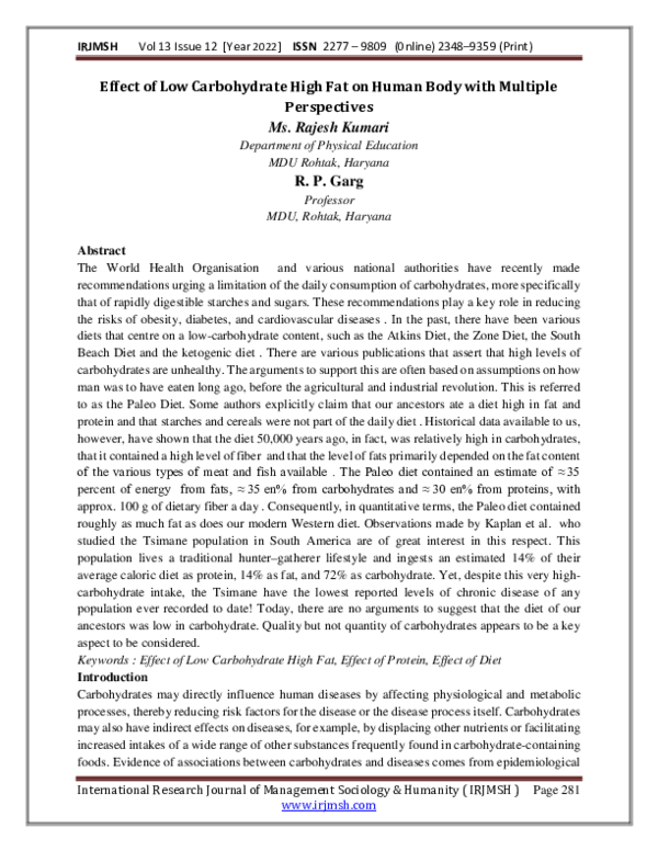 (PDF) Effect of Low Carbohydrate High Fat on Human Body with Multiple ...