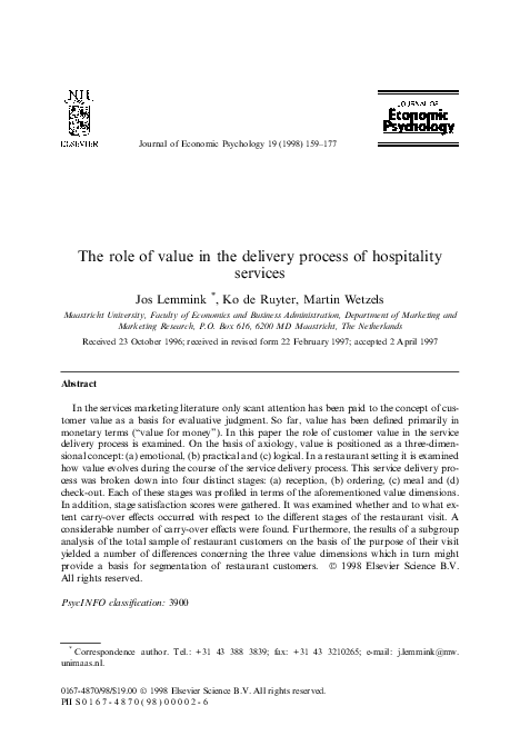 The role of value in the delivery process of hospitality services