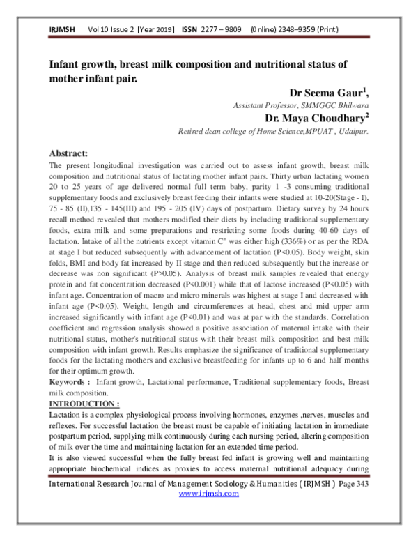 (PDF) Infant growth, breast milk composition and nutritional status of ...