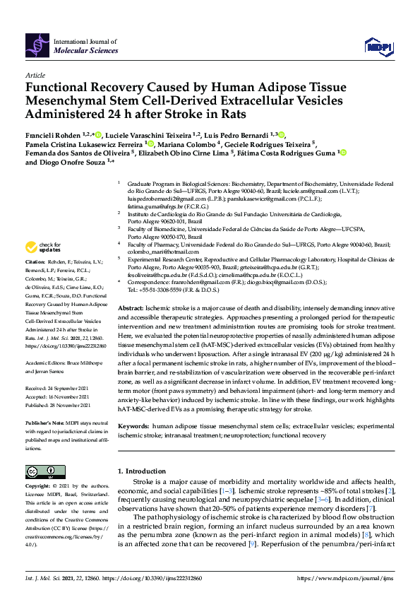 Functional Recovery Caused by Human Adipose Tissue Mesenchymal Stem Cell-Derived Extracellular Vesicles Administered 24 h after Stroke in Rats