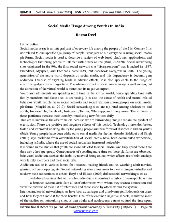 (PDF) Social Media Usage Among Youths In India