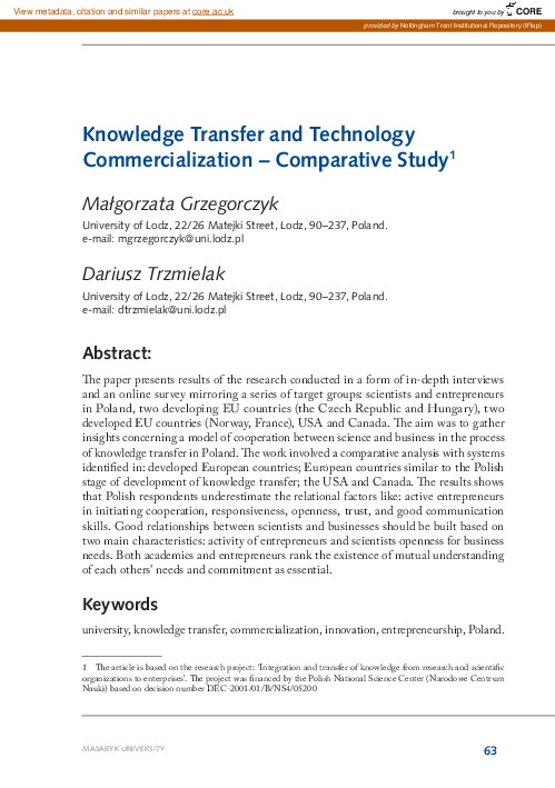 (PDF) Knowledge transfer and technology commercialization - comparative ...