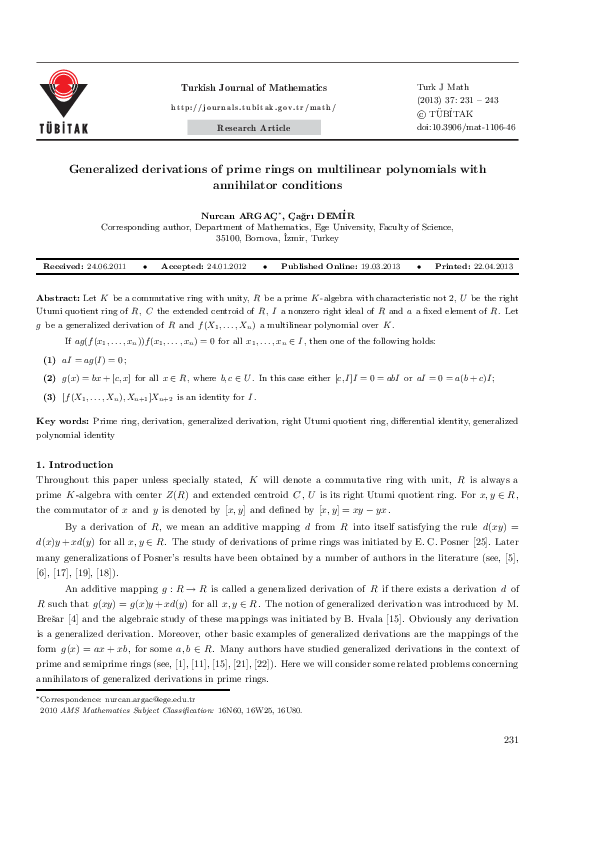 (PDF) Generalized derivations of prime rings on multilinear polynomials ...
