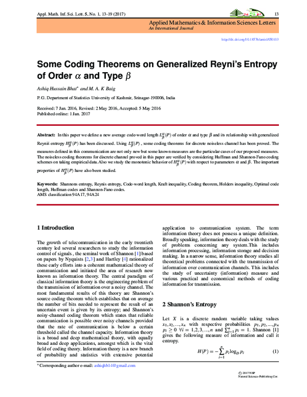 (PDF) Some Coding Theorems on Generalized Reyni’s Entropy of Order a ...