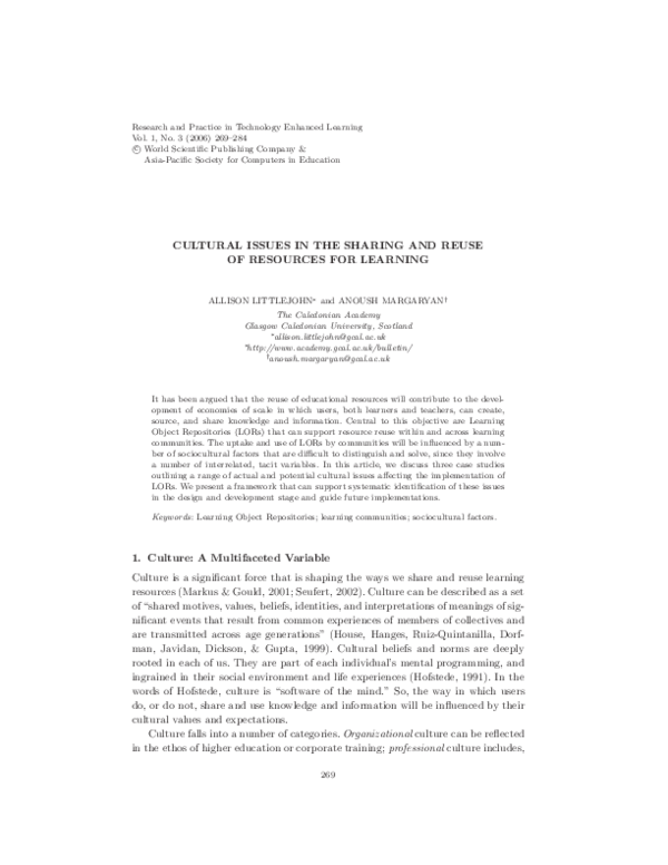 (PDF) Cultural Issues in the Sharing and Reuse of Resources for Learning