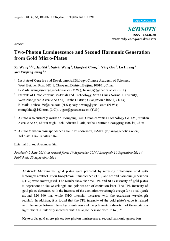 (PDF) Two-photon luminescence and second harmonic generation from gold ...