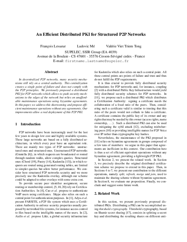 (PDF) An efficient distributed PKI for structured P2P networks