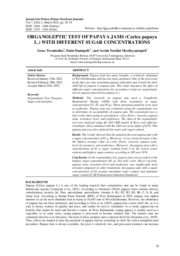 (PDF) ORGANOLEPTIC TEST OF PAPAYA JAMS (Carica papaya L.) WITH