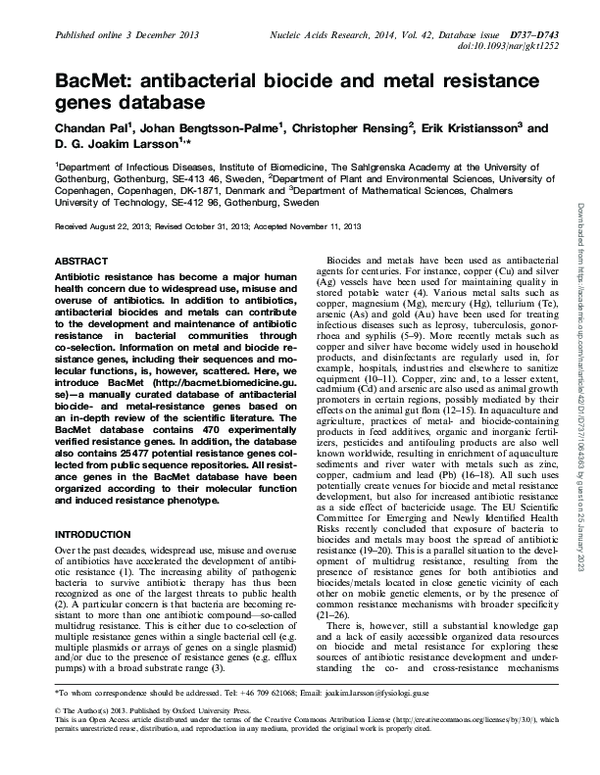 (PDF) BacMet: antibacterial biocide and metal resistance genes database
