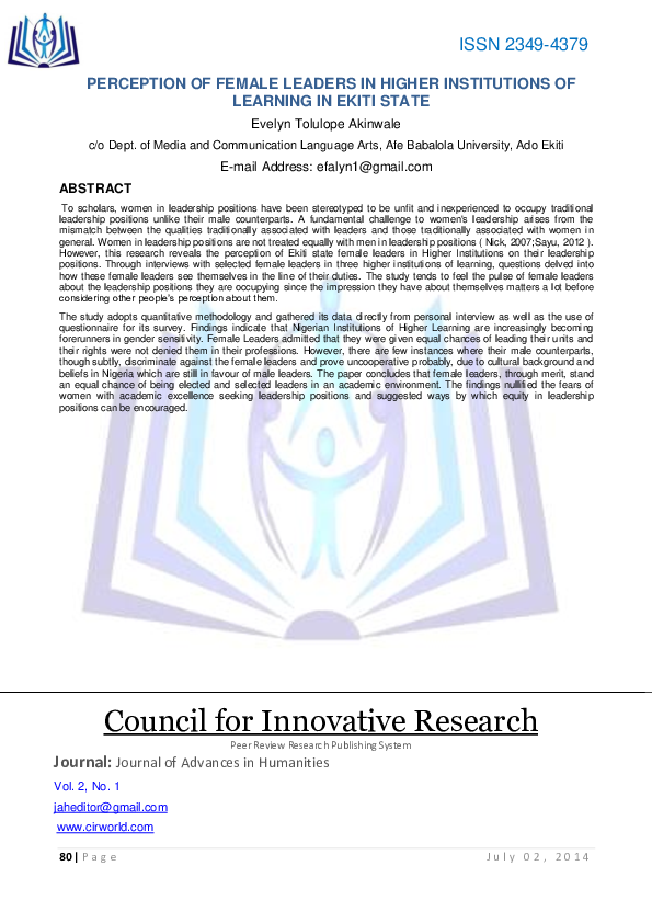 (PDF) Perception of Female Leaders in Higher Institutions of Learning ...