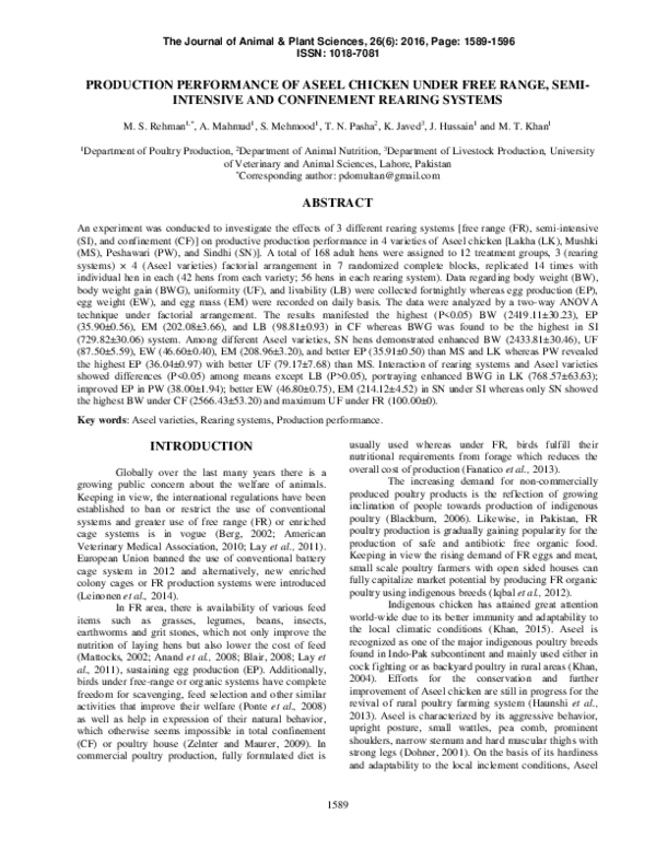 (PDF) Production Performance of Aseel Chicken Under Free Range , Semi ...