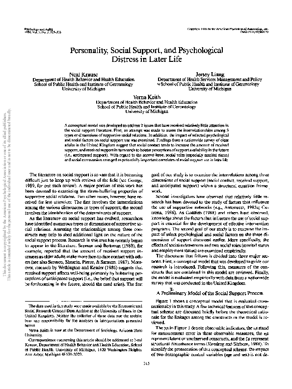 (PDF) Personality, social support, and psychological distress in later life
