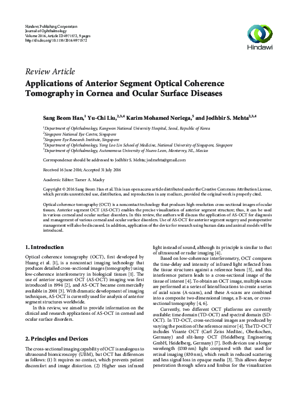 (PDF) Applications of Anterior Segment Optical Coherence Tomography in ...