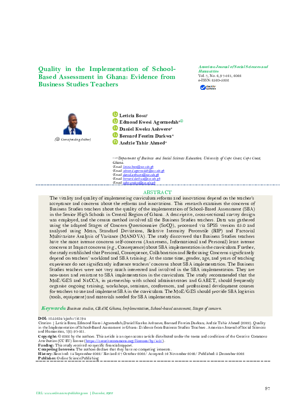 (PDF) Quality in the Implementation of School-Based Assessment in Ghana ...