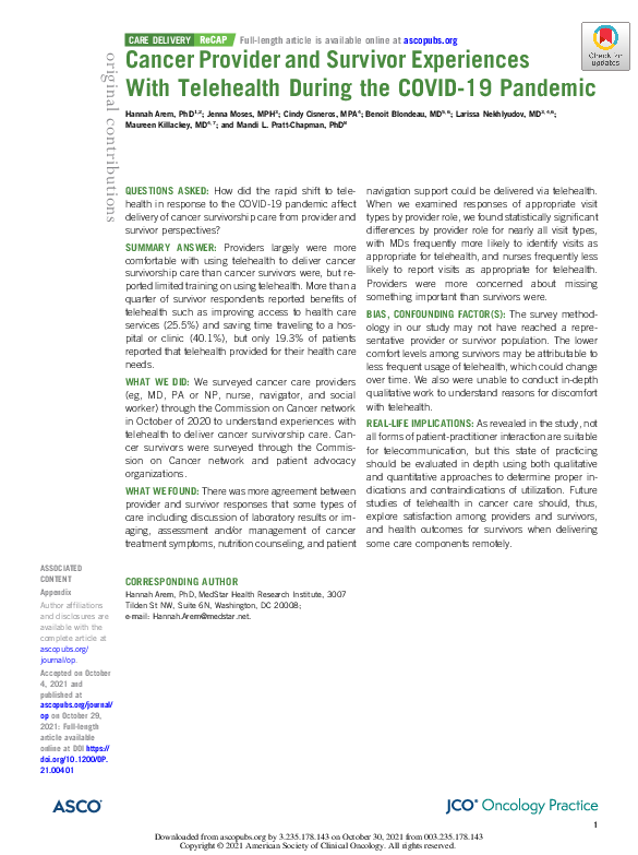 (PDF) Cancer Provider and Survivor Experiences With Telehealth During ...