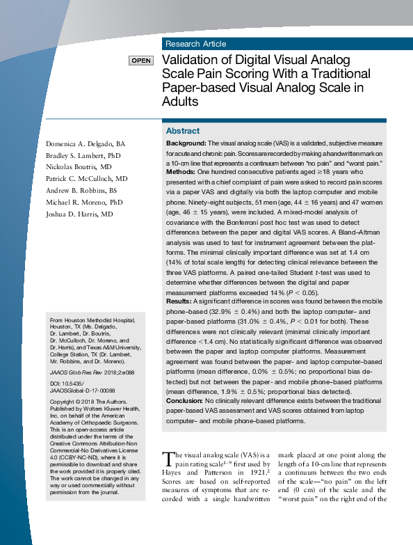 (PDF) Validation of Digital Visual Analog Scale Pain Scoring With a ...