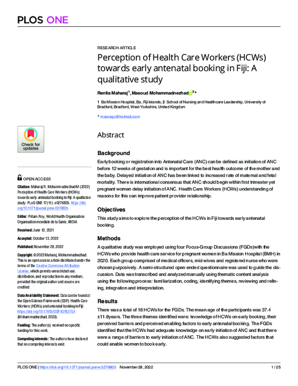 (PDF) Perception of Health Care Workers (HCWs) towards early antenatal ...