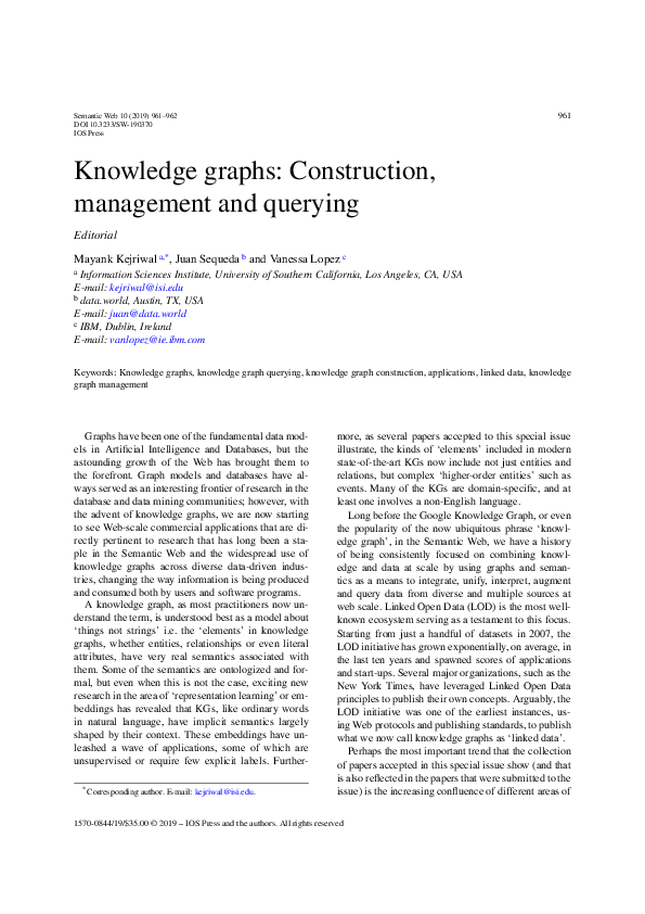 (PDF) Knowledge graphs: Construction, management and querying
