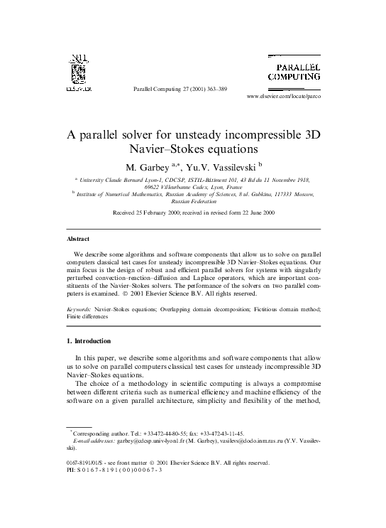 (PDF) A parallel solver for unsteady incompressible 3D Navier–Stokes ...