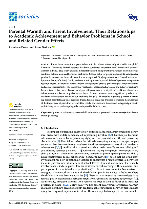 (PDF) Parental Warmth and Parent Involvement: Their Relationships to ...