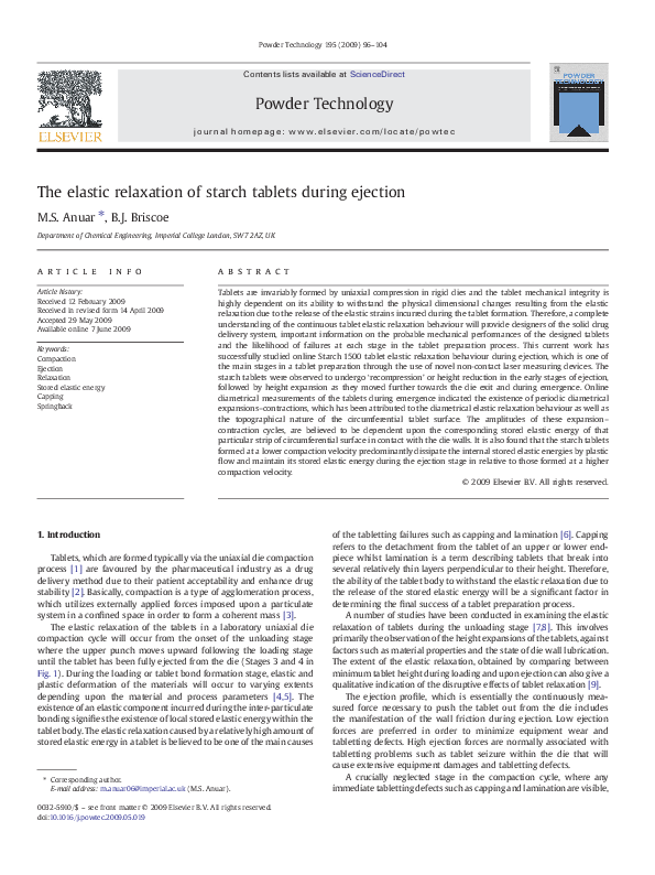 (PDF) The elastic relaxation of starch tablets during ejection