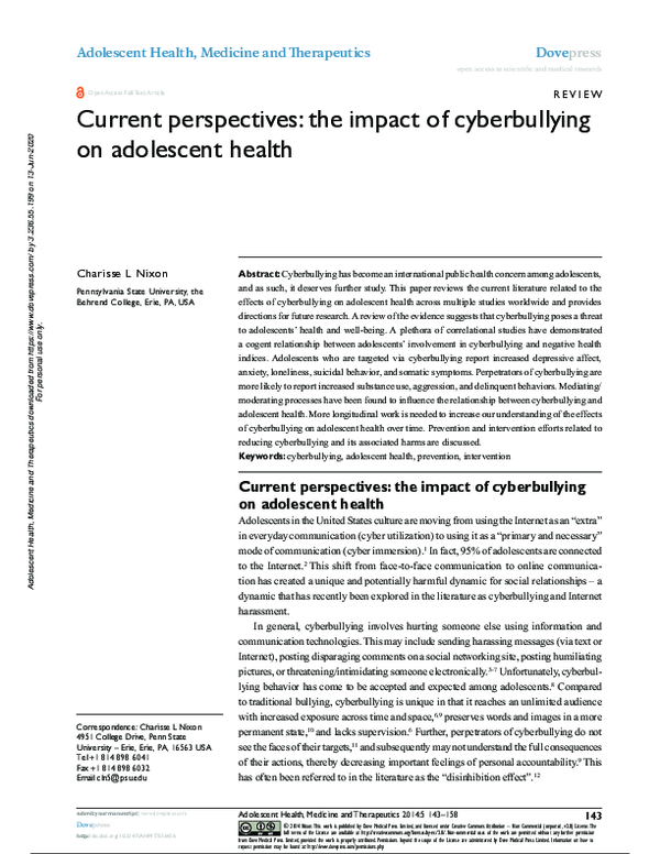 (PDF) Current perspectives: the impact of cyberbullying on adolescent ...