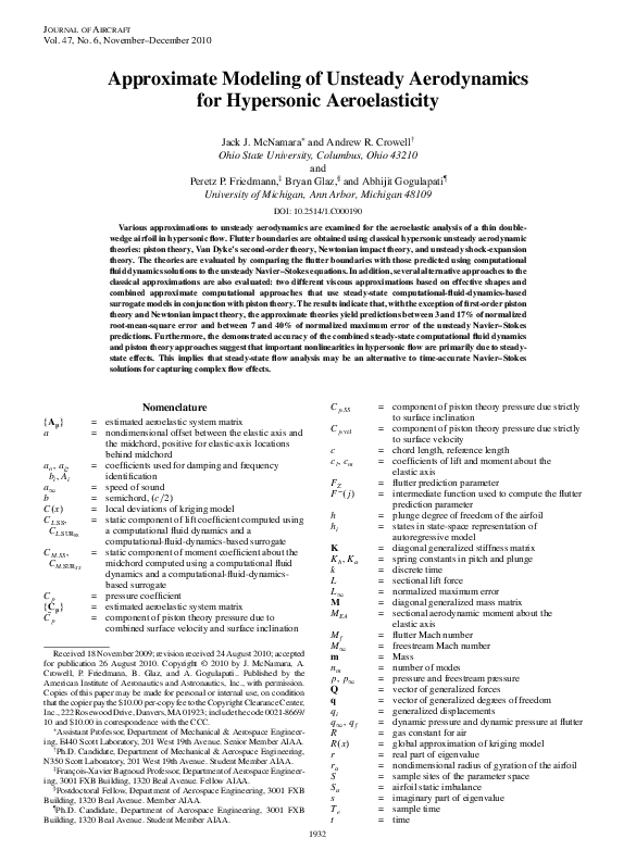 (PDF) Approximate Modeling of Unsteady Aerodynamics for Hypersonic ...