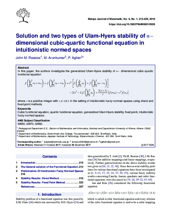 (PDF) Solution and two types of Ulam-Hyers stability of n􀀀 dimensional ...