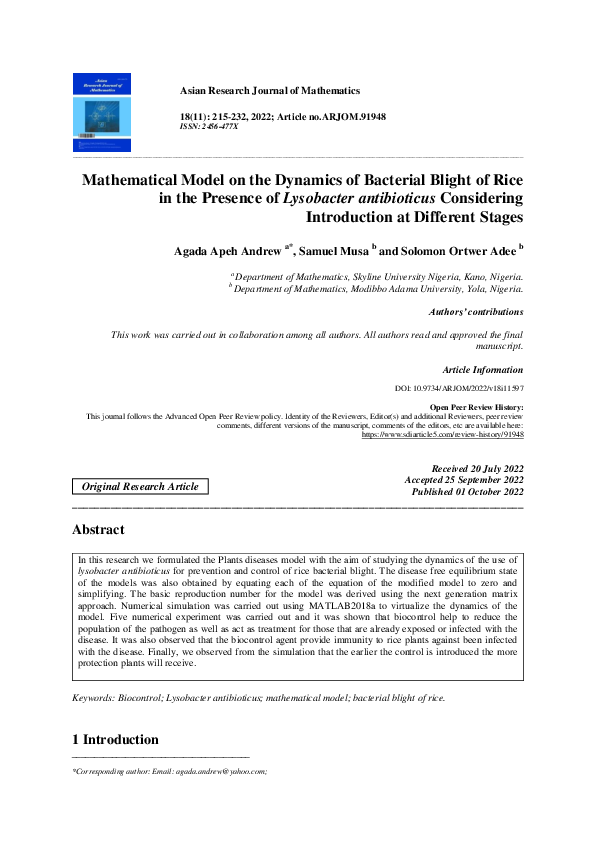 (PDF) Mathematical Model on the Dynamics of Bacterial Blight of Rice in ...
