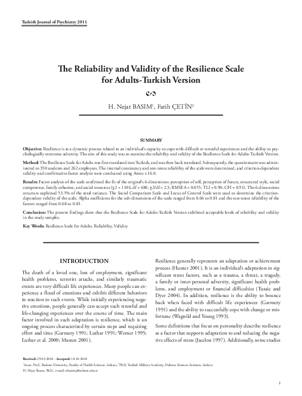 (PDF) Reliability and validity of resilience scale for adults(RSA) in ...